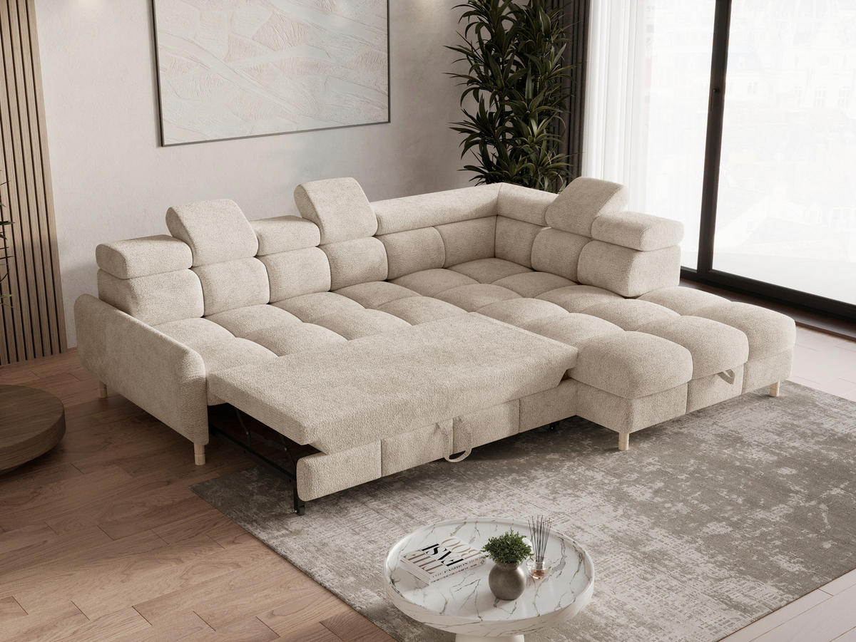 ECKSOFA BUN in Bouclé Beige  - Elfenbein/Beige, Design, Holz/Textil (276/209cm) - MID.YOU