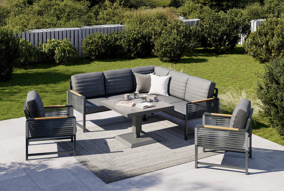 LOUNGEGARNITUR 192/195 cm Aluminium  - Dunkelgrau/Naturfarben, MODERN, Kunststoff/Textil (192/195cm) - Ambia Garden