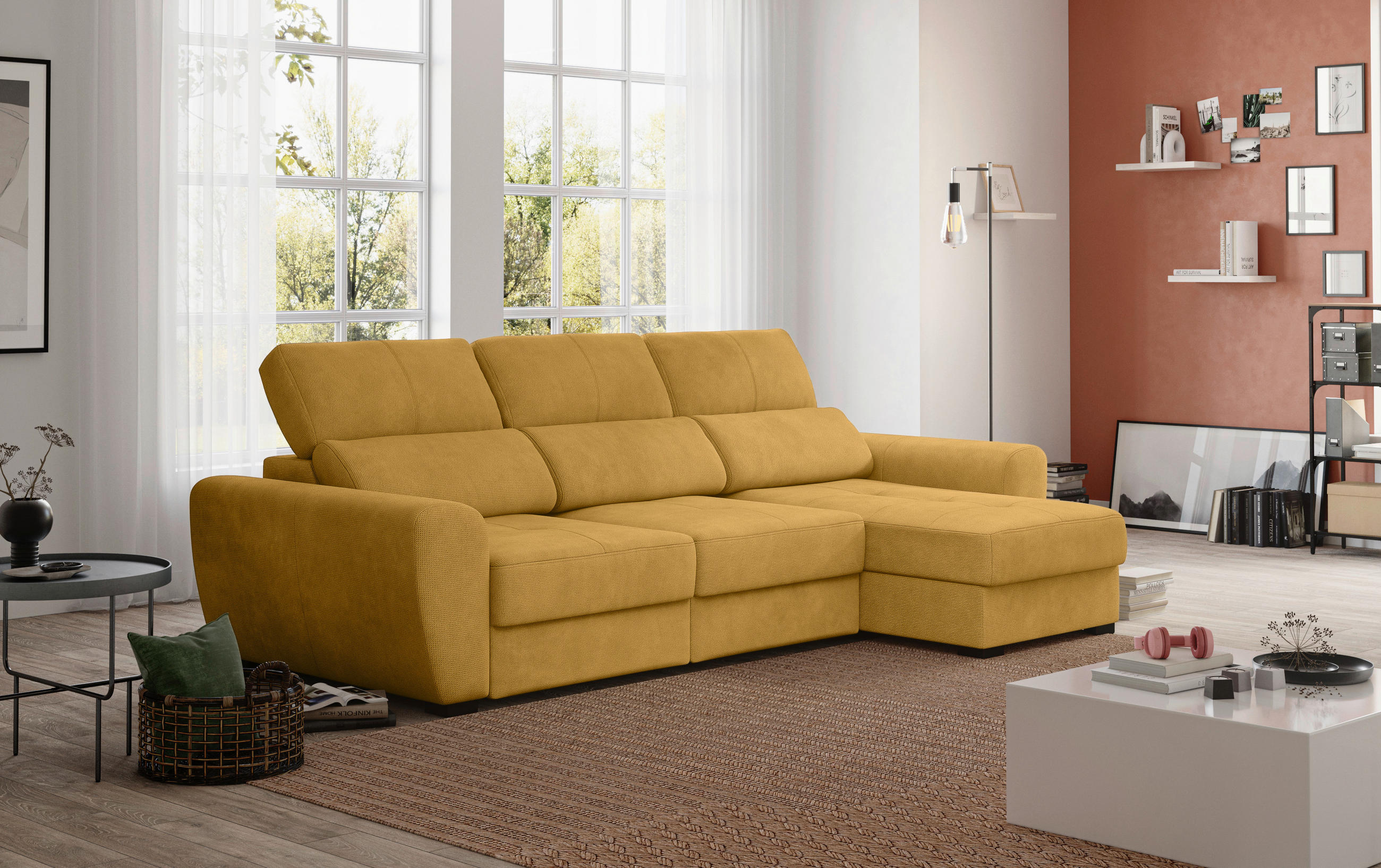 Thumbnail - Carryhome Ecksofa, Senfgelb, Textil, 4-Sitzer, Ottomane rechts, seitenverkehrt montierbar, L-Form, 285x177 cm, Made in E...