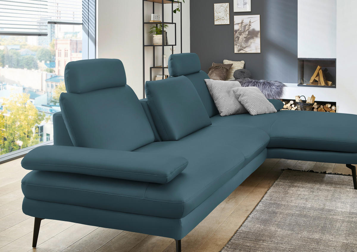 ECKSOFA in Echtleder Blau  310/180 cm  - Blau/Schwarz, Design, Leder/Metall (310/180cm) - Dieter Knoll