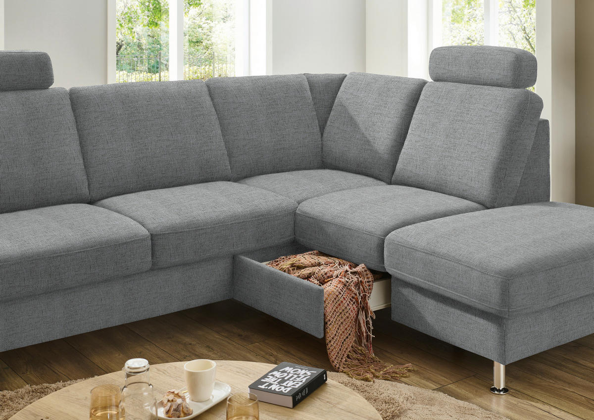ECKSOFA in Webstoff Hellgrau  241/200 cm  - Hellgrau/Alufarben, KONVENTIONELL, Textil/Metall (241/200cm) - Beldomo System