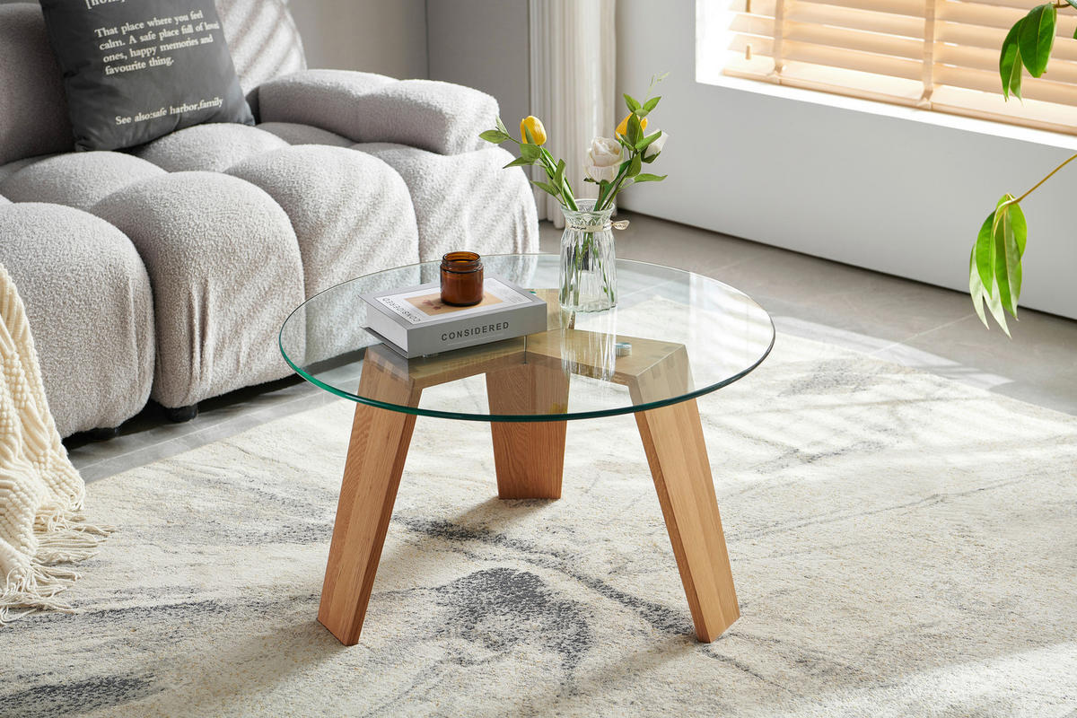 COUCHTISCH Eiche massiv ESG rund Klar, Naturfarben  - Klar/Naturfarben, Design, Glas/Holz (70/39.5/70cm) - Livetastic