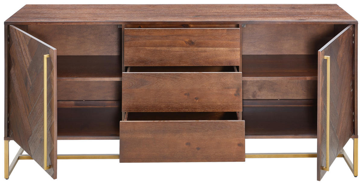 SIDEBOARD Akazie furniert Akaziefarben Einlegeböden  - Messingfarben/Akaziefarben, KONVENTIONELL, Holz/Metall (180/80/45cm) - Ambia Home