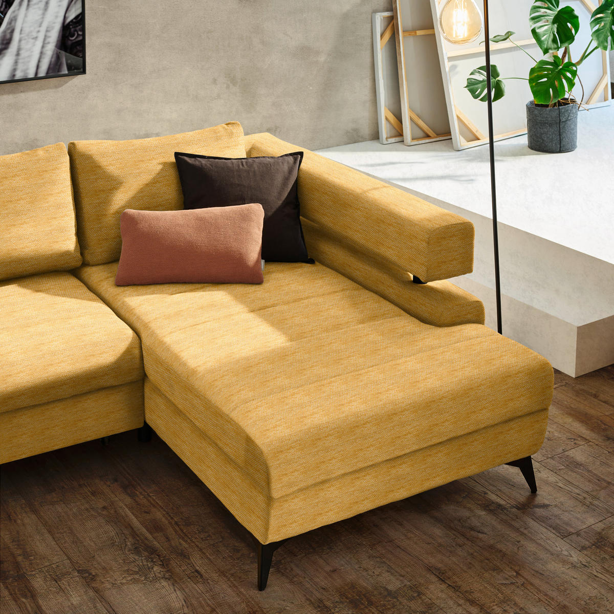 ECKSOFA in Chenille Currygelb  - Currygelb/Schwarz, Konventionell, Textil/Metall (265/184cm) - Hom`in