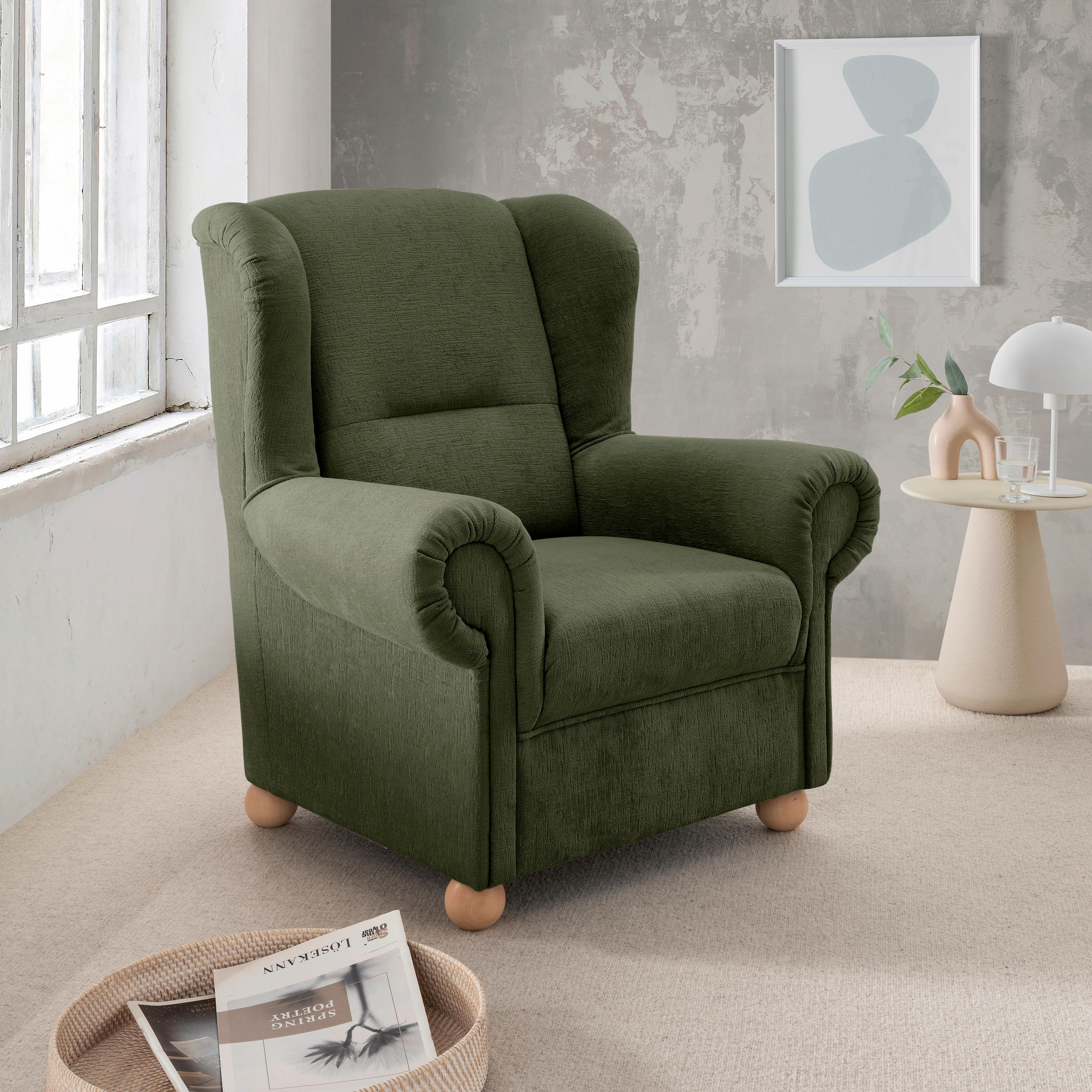 OHRENSESSEL Mikrofaser Grün  - Wildeiche/Grün, KONVENTIONELL, Holz/Textil (92/102/89cm) - Livetastic