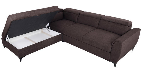 ECKSOFA Dunkelbraun Velours Bettkasten, Schlaffunktion, Rücken echt, Kopfteilverstellung, Liegefläche im Originalstoff  - Dunkelbraun/Schwarz, KONVENTIONELL, Textil/Metall (217/255cm) - Carryhome