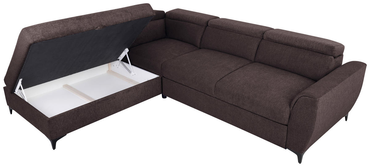 ECKSOFA in Velours Dunkelbraun  - Dunkelbraun/Schwarz, Konventionell, Textil/Metall (217/255cm) - MID.YOU