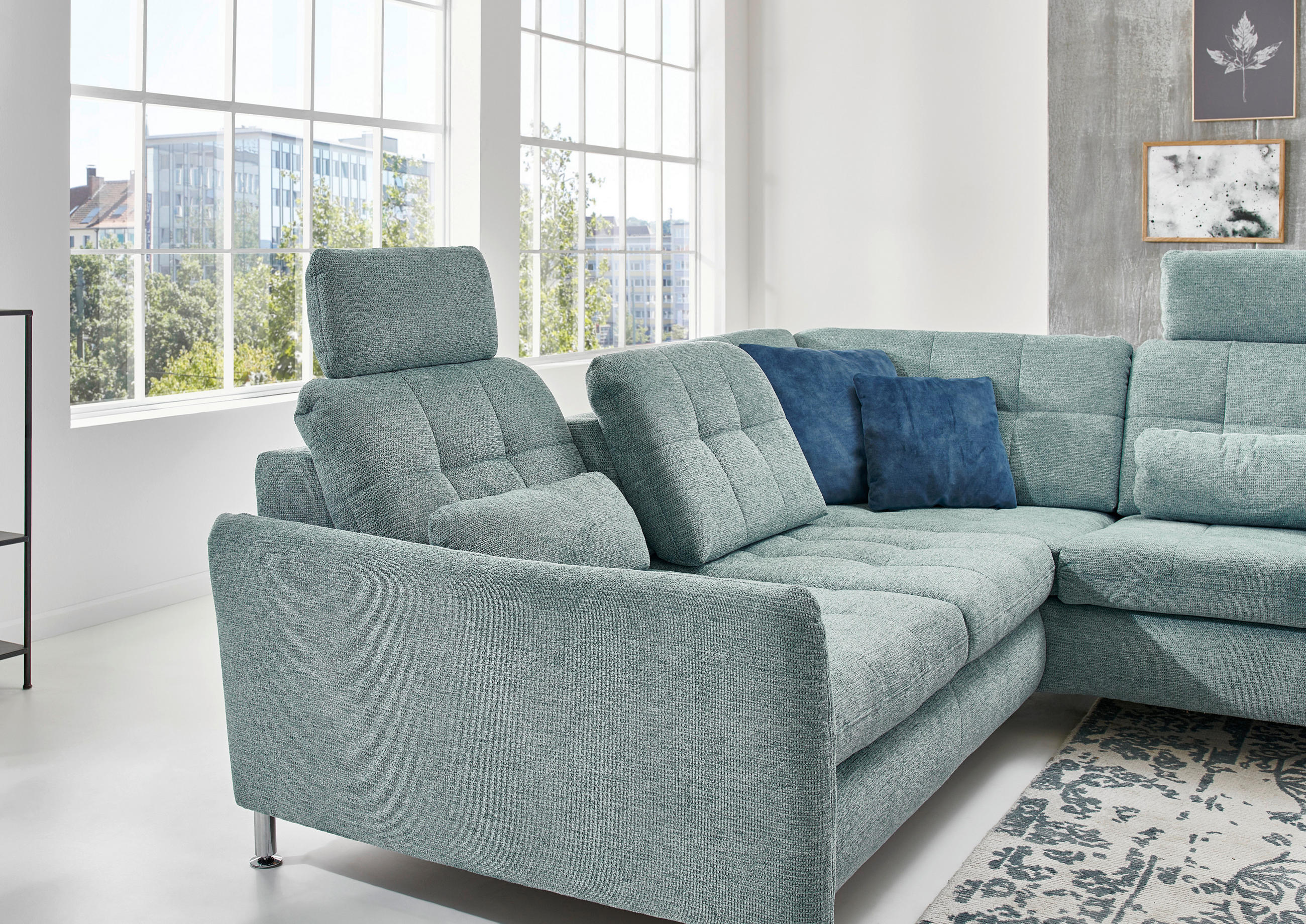 Thumbnail - Beldomo Style Ecksofa, Hellblau, Textil, 3-Sitzer, Ottomane rechts, L-Form, 242x210 cm, Goldenes M, Bettkasten erhältlic...