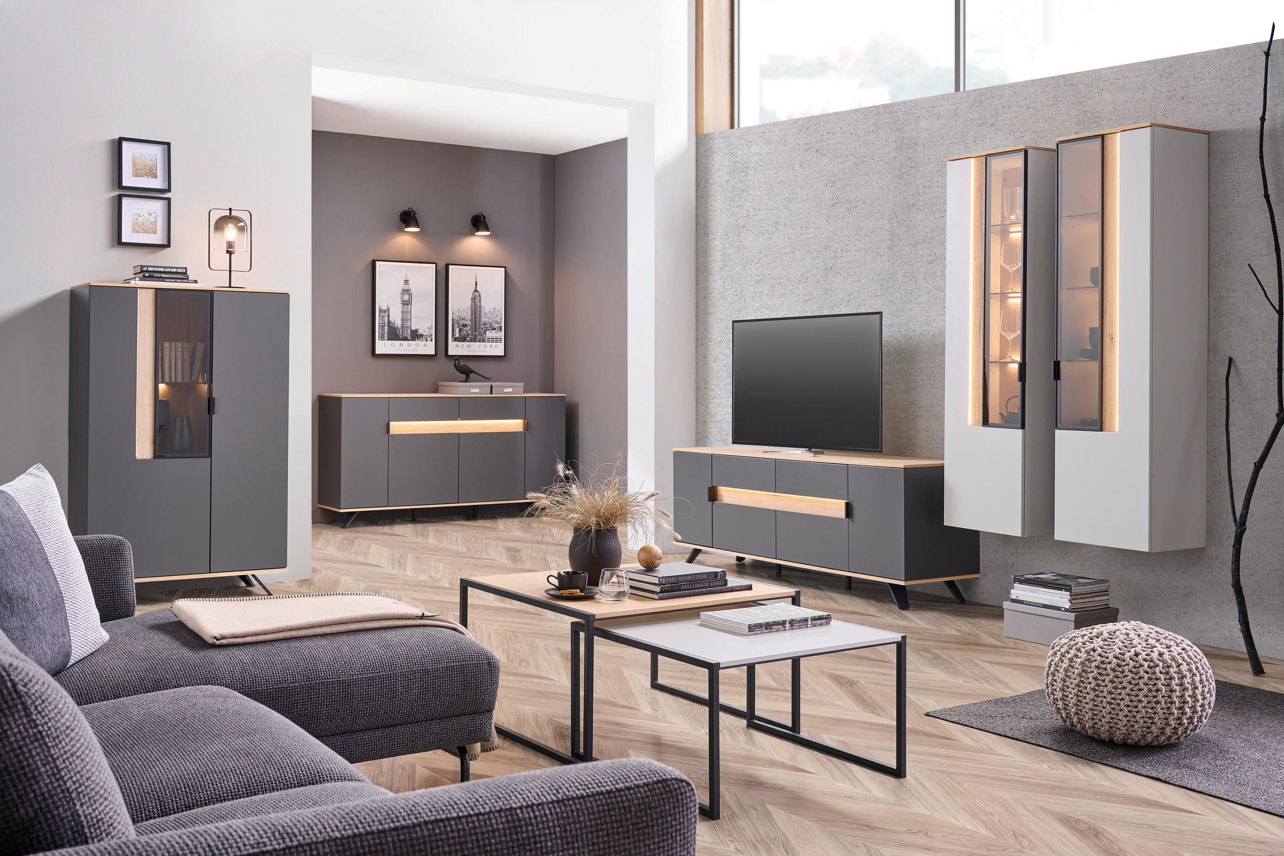 SET MOBILĂ LIVING, antracit, gri, culoare lemn stejar,