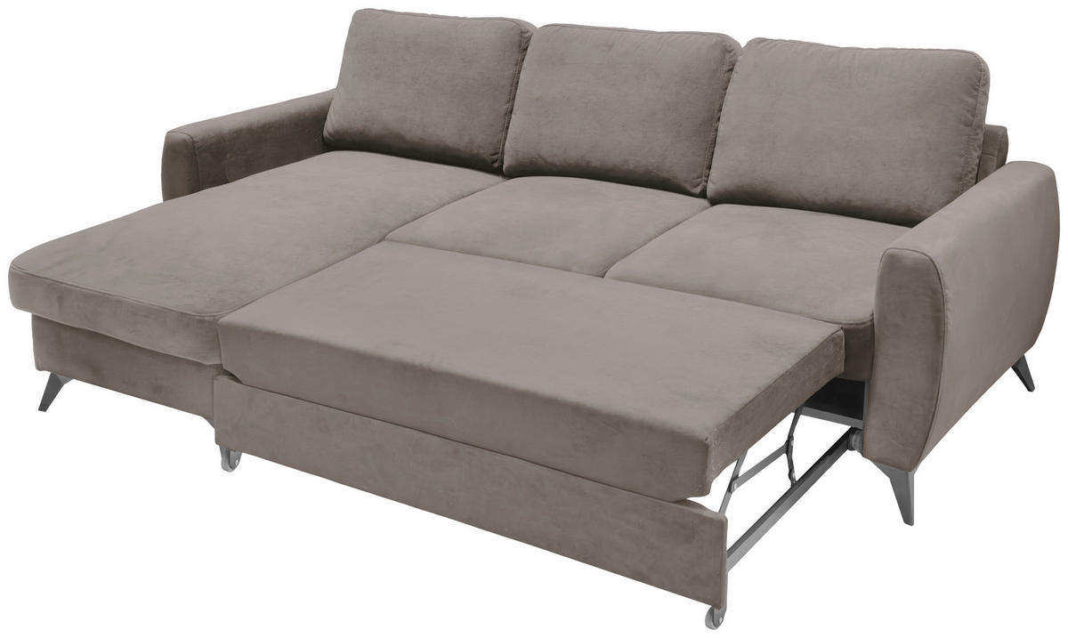 ECKSCHLAFSOFA JEFFREY Mikrovelours Taupe  inkl. Zierkissen, Rückenkissen, Stauraum  - Taupe/Schwarz, KONVENTIONELL, Textil/Metall (230/150cm) - Livetastic