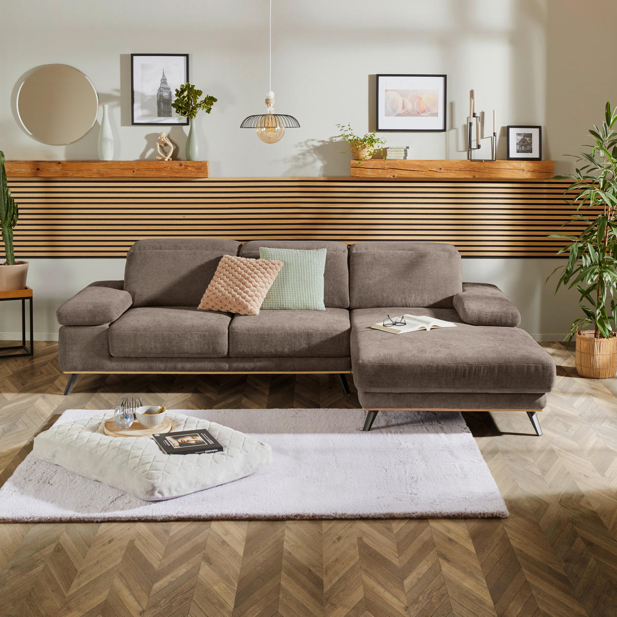 ECKSOFA in Struktur Schlammfarben  - Schlammfarben/Schwarz, Modern, Textil/Metall (283/194cm) - MID.YOU