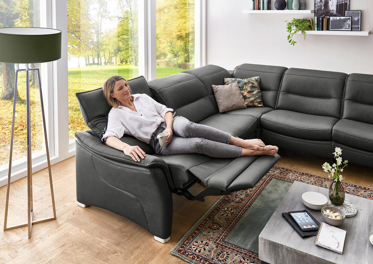 ECKSOFA in Echtleder Schwarz  - Alufarben/Schwarz, Design, Leder/Metall (277/277cm) - Valdera