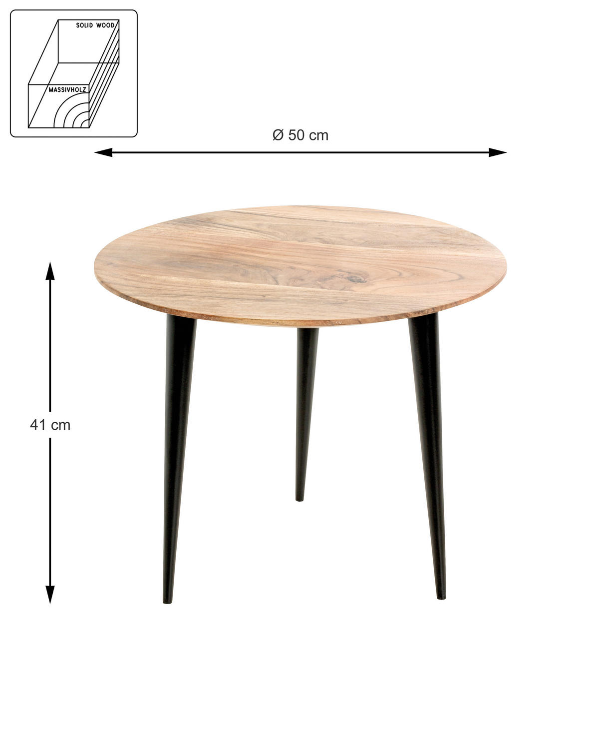 PRÍRUČNÝ STOLÍK, akácia, čierna, farba akácie - čierna/farba akácie, Konventionell, kov/drevo (50/50/41cm)