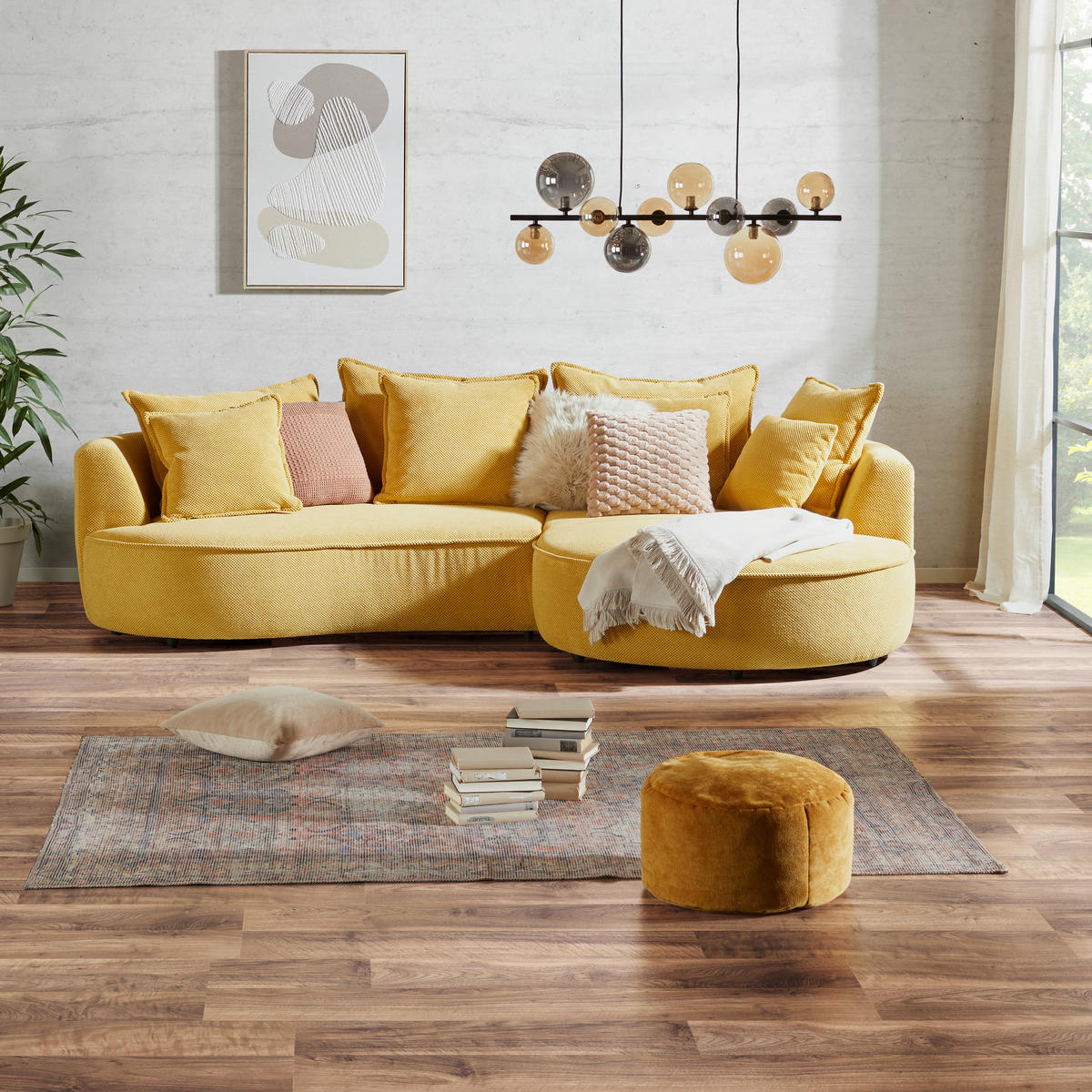 ECKSOFA in Velours, Struktur Senfgelb  - Senfgelb/Schwarz, Modern, Kunststoff/Textil (287/168cm) - Livetastic