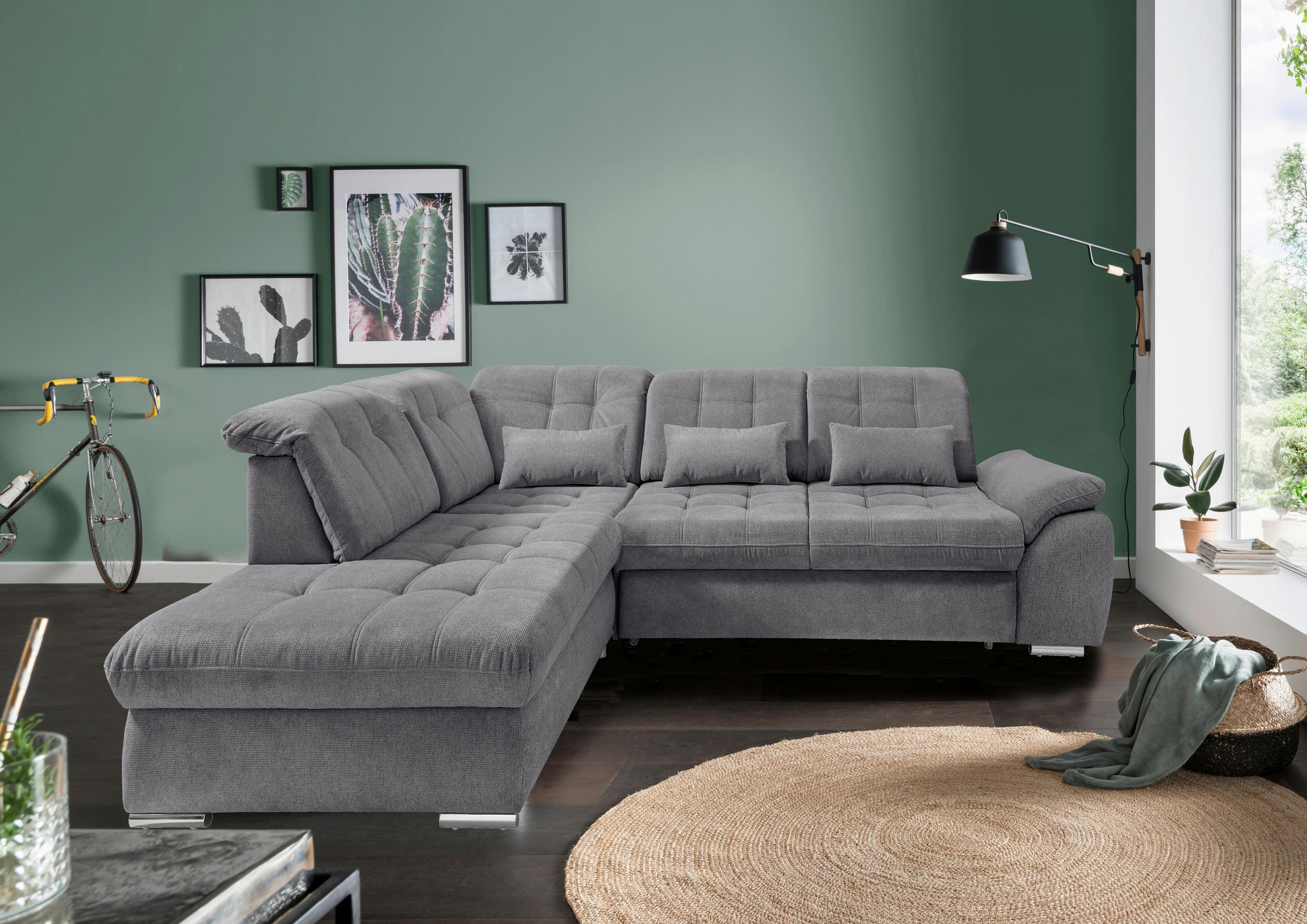ECKSOFA RIGATTI Dunkelgrau Flachgewebe Kopfteilverstellung, Stauraum, Sitztiefenverstellung  - Chromfarben/Dunkelgrau, MODERN, Textil/Metall (254/308cm) - Livetastic