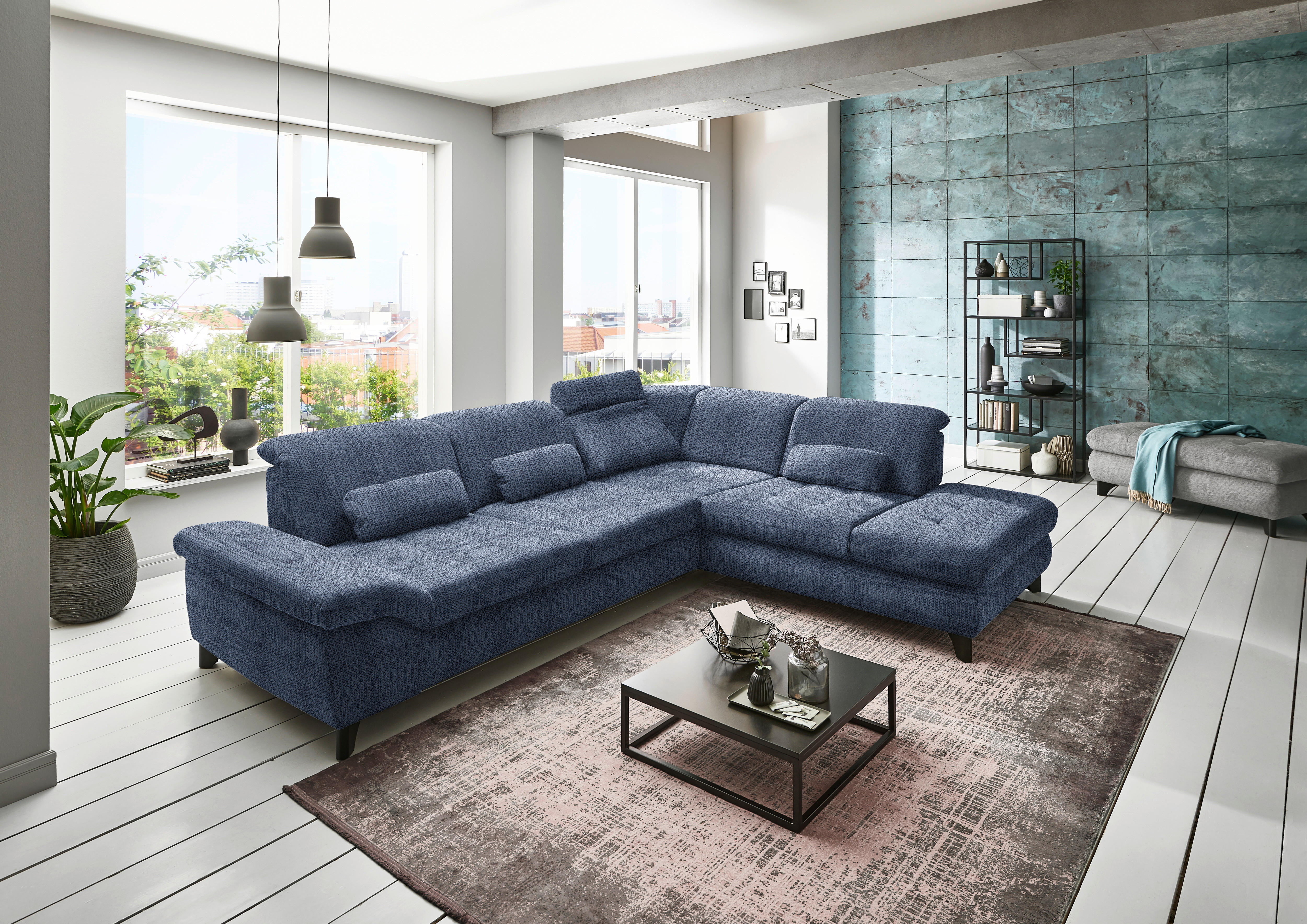 ECKSOFA in Webstoff Blau  - Chromfarben/Blau, Design, Textil/Metall (319/260cm) - Beldomo Style