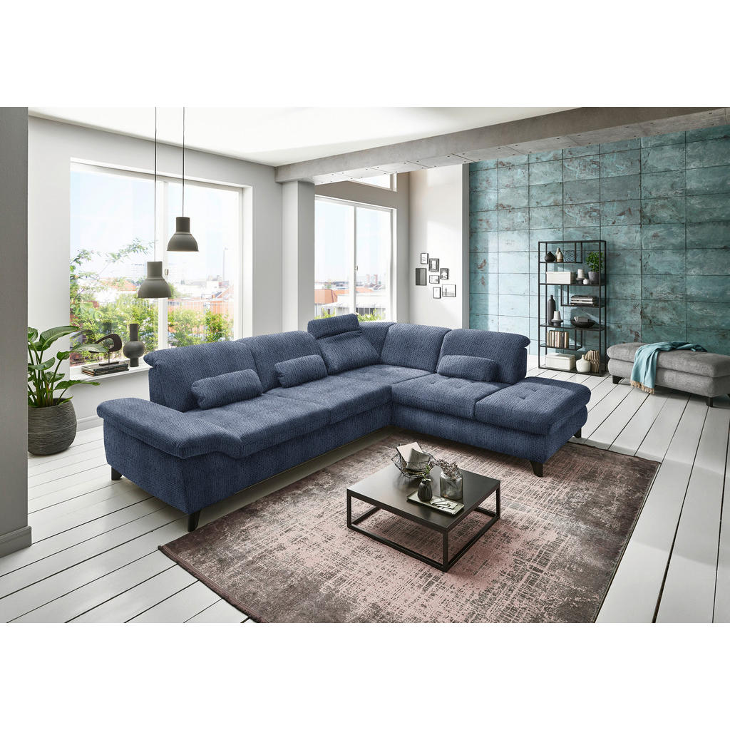 Thumbnail - Beldomo Style Ecksofa, Blau, Textil, Uni, 5-Sitzer, Ottomane rechts, L-Form, 319x260 cm, Goldenes M, seitenverkehrt erhä...