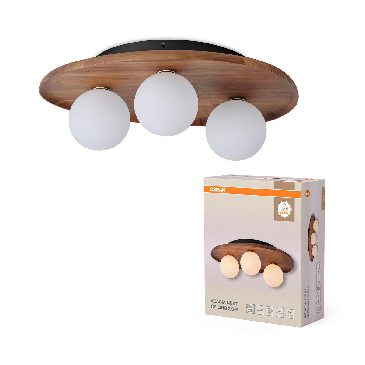 DECKENLEUCHTE    50/38,5/15,5 cm  - Akaziefarben, Basics, Glas/Holz (50/38,5/15,5cm) - Osram