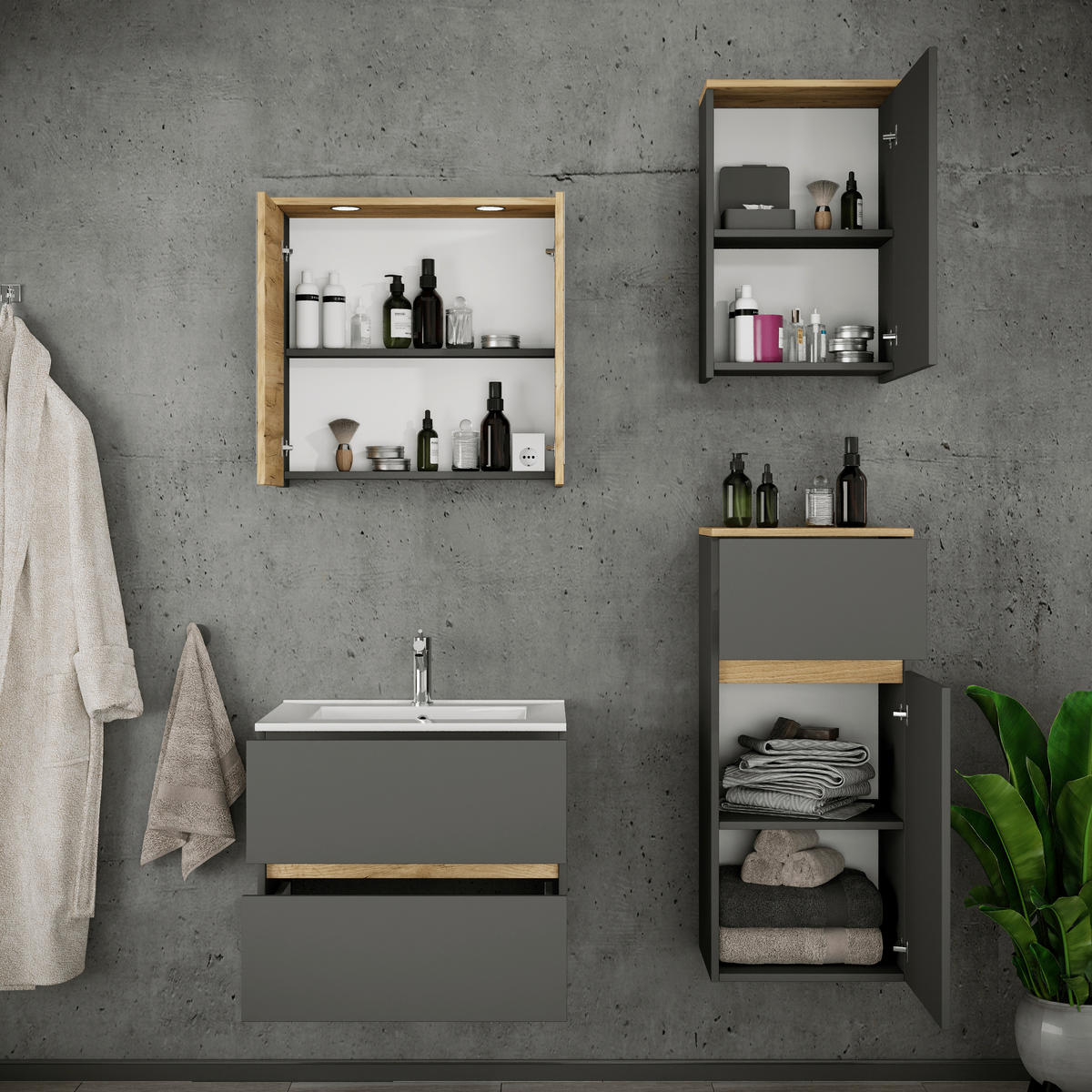 BADEZIMMER 5-teilig 101 cm  - Honigeiche/Weiss, Trend, Keramik/Holzwerkstoff (101cm) - MID.YOU