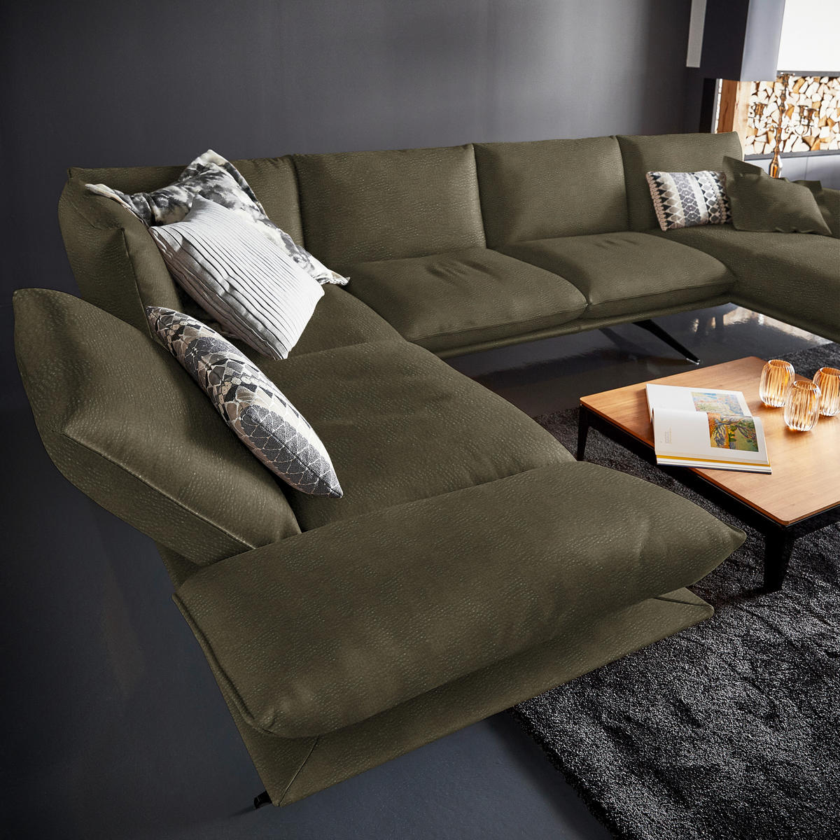 WOHNLANDSCHAFT  in Echtleder Olivgrün  - Schwarz/Olivgrün, Natur, Leder/Metall (217/359/155cm) - Dieter Knoll