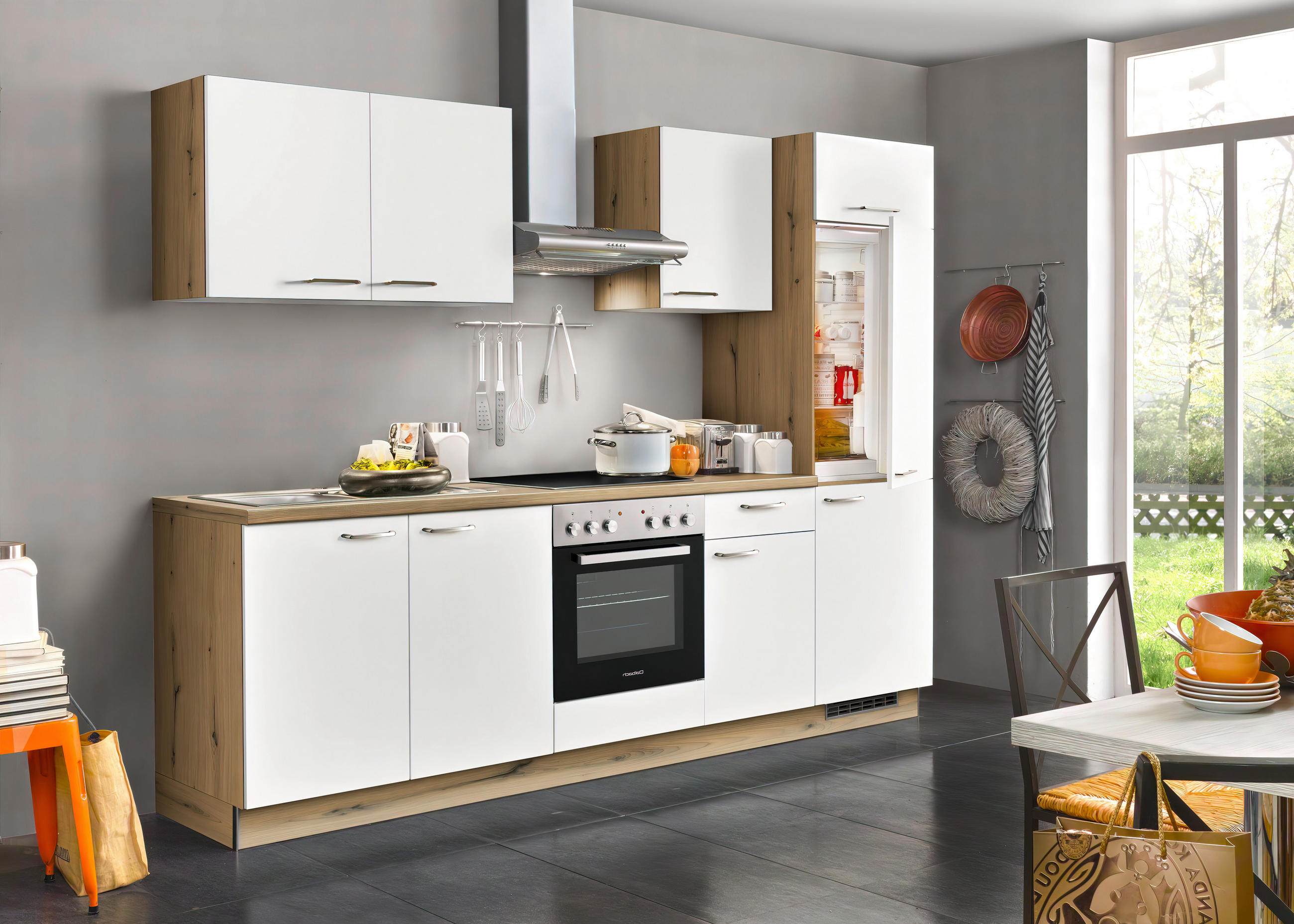 KÜCHENBLOCK 280 cm   in Weiß, Eichefarben  - Edelstahlfarben/Eichefarben, Design, Holzwerkstoff/Metall (280cm) - Welnova
