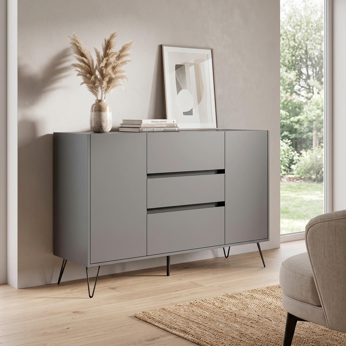 SIDEBOARD Posseik Industrial 140/93,6/42 cm 3 Schublade(n)  - Graphitfarben/Schwarz, Design, Holzwerkstoff/Metall (140/93,6/42cm) - MID.YOU