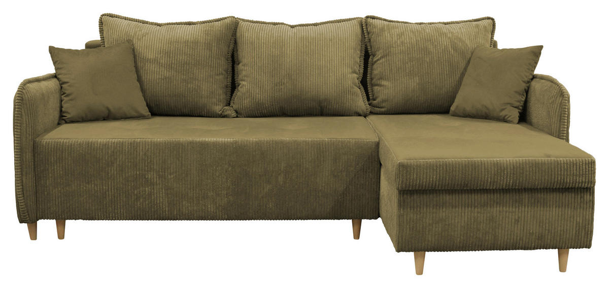 ECKSOFA TEDDY Grün Cord, Bouclé Zierkissen, Rückenkissen, Bettkasten  - Naturfarben/Grün, Design, Holz/Textil (215/142cm) - MID.YOU