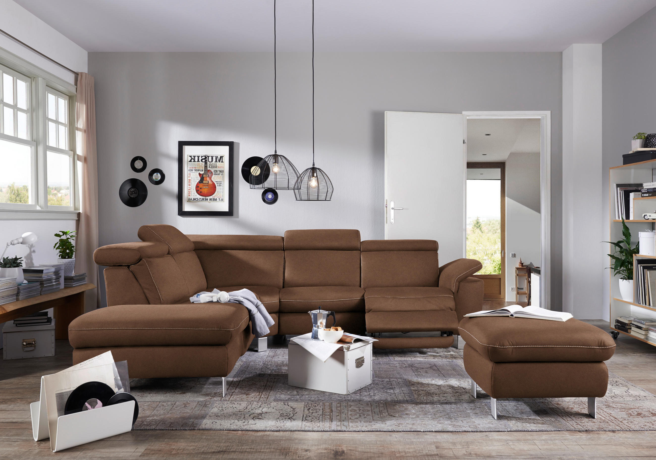 ECKSOFA in Flachgewebe, Mikrofaser Braun  - Beige/Alufarben, Design, Textil/Metall (239/271cm) - Cantus