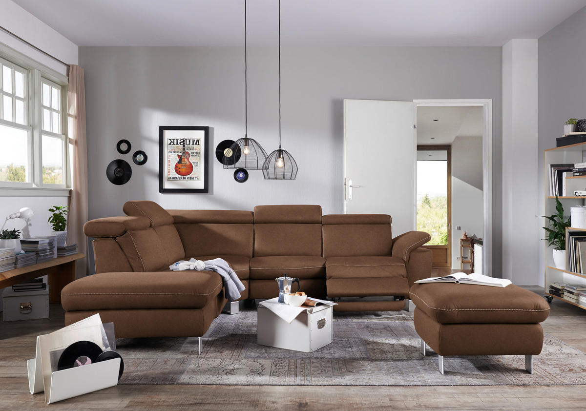 ECKSOFA in Flachgewebe, Mikrofaser Braun  - Beige/Alufarben, Design, Textil/Metall (239/271cm) - Cantus