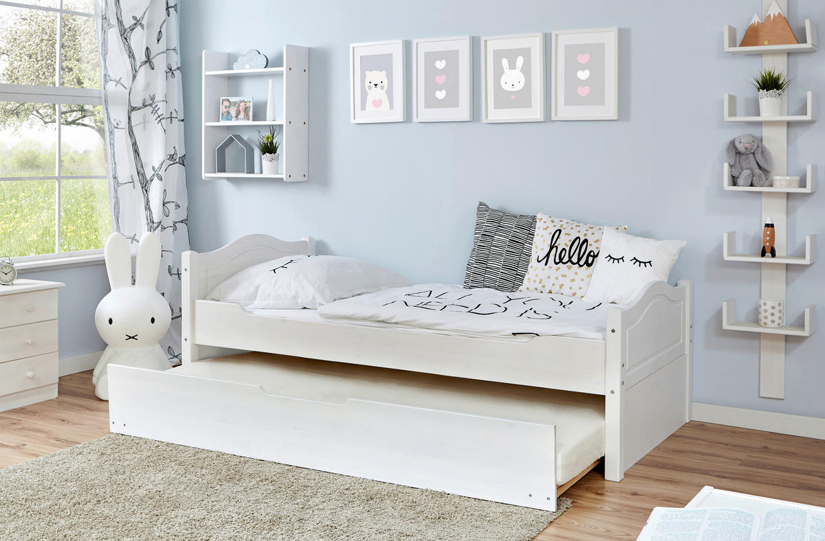 AUSZIEHBETT 90/200 cm,  in Weiß, Bettkasten, Rollrost für Zusatzbett, Rollrost für Hauptbett  - Naturfarben/Weiß, MODERN, Holz (90/200cm) - MID.YOU