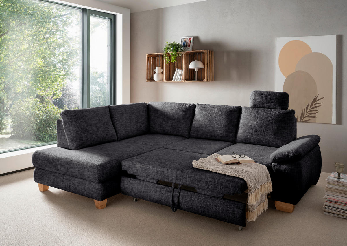 ECKSCHLAFSOFA Struktur Schwarz  - Wildeiche/Schwarz, MODERN, Holz/Textil (206/265cm) - Livetastic