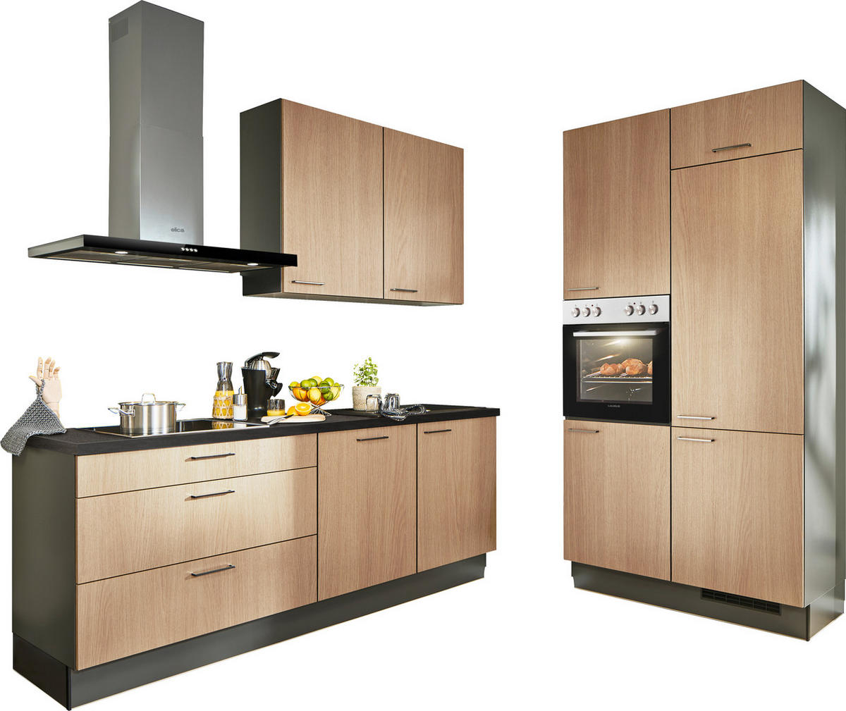 ECKKÜCHE 220/120 cm  in Graphitfarben, Schwarz, Eichefarben  - Eichefarben/Schwarz, Design, Holzwerkstoff/Metall (220/120cm) - Xora