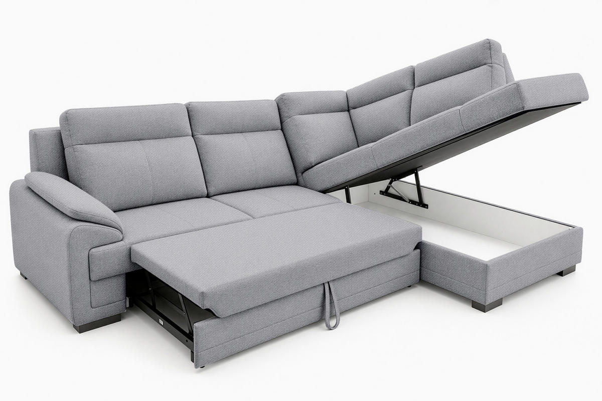 ECKSOFA ALTONA Dunkelgrau Flachgewebe Bettkasten, Schlaffunktion, Stauraum  - Dunkelgrau/Schwarz, Basics, Holz/Kunststoff (272/207cm) - MID.YOU