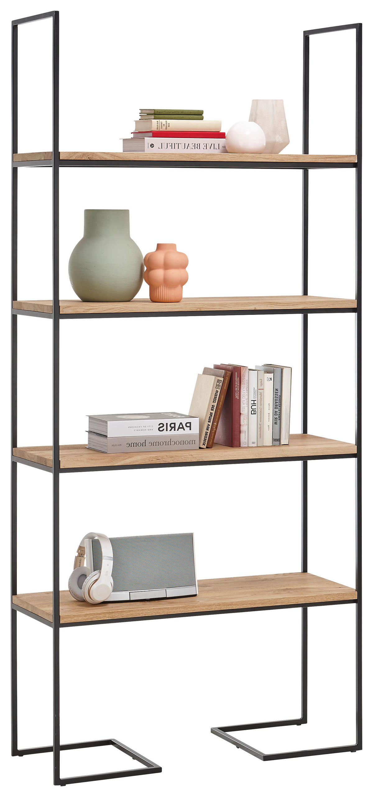 REGAL Eiche massiv Schwarz, Eichefarben  - Eichefarben/Schwarz, Natur, Holz/Metall (90/200/35cm) - SetOne by Musterring