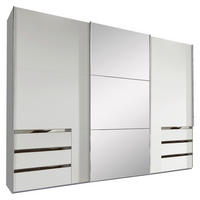 SCHWEBETÜRENSCHRANK 300/216/65 cm,  in Silberfarben, Weiß, 3 Tür(en)  - Chromfarben/Silberfarben, MODERN, Glas/Holzwerkstoff (300/216/65cm) - MID.YOU
