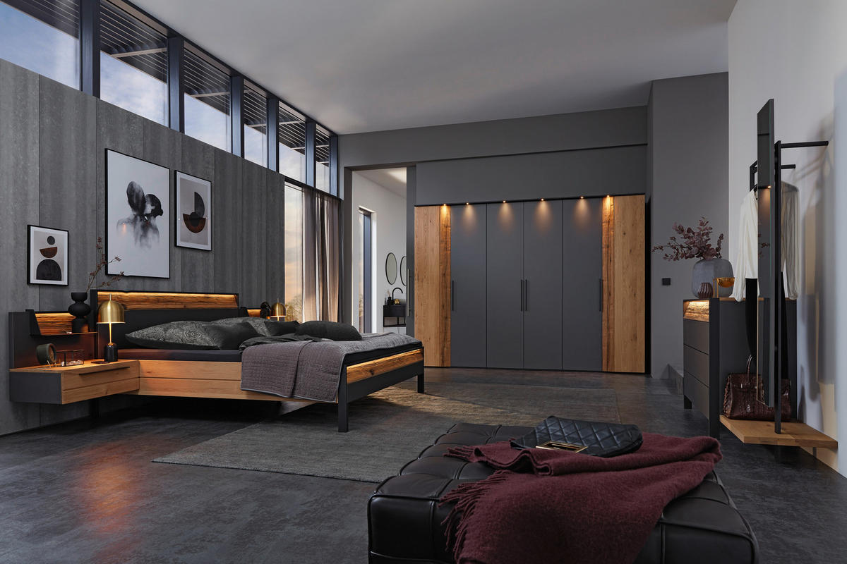 SCHLAFZIMMER Graphitfarben, Eichefarben  - Eichefarben/Graphitfarben, Design, Holz/Holzwerkstoff (180/200cm) - Musterring