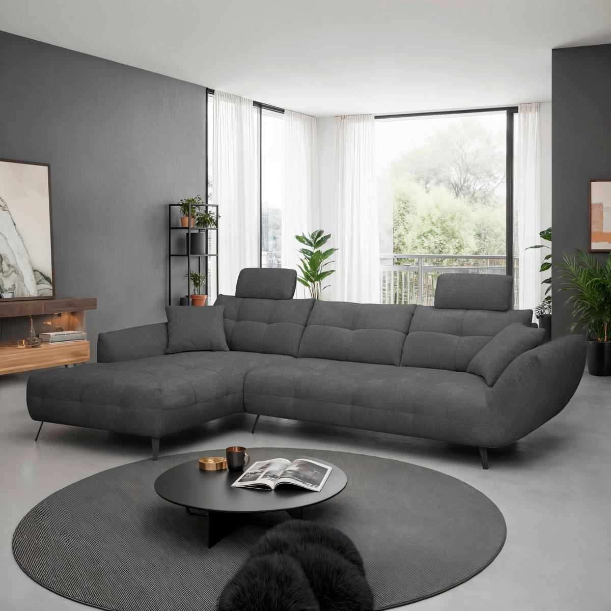 ECKSOFA Anthrazit Chenille Armlehnenkissen, Rücken echt, Sitztiefenverstellung  - Anthrazit/Schwarz, KONVENTIONELL, Textil/Metall (215/313cm) - Hom`in