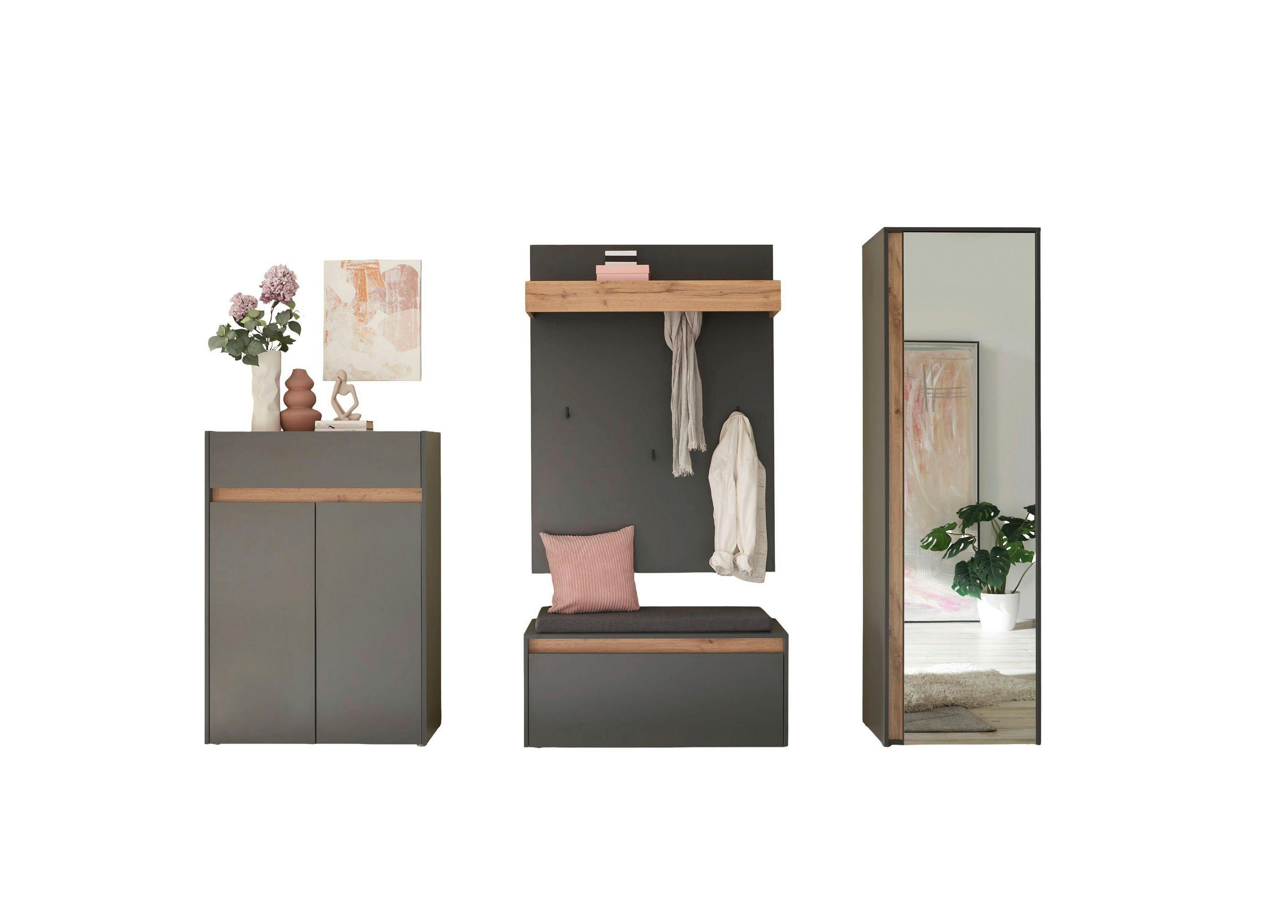 GARDEROBE 5-teilig  in 255/200/40 cm  - Anthrazit/Eiche Wotan, Design, Glas/Holzwerkstoff (255/200/40cm) - Modante