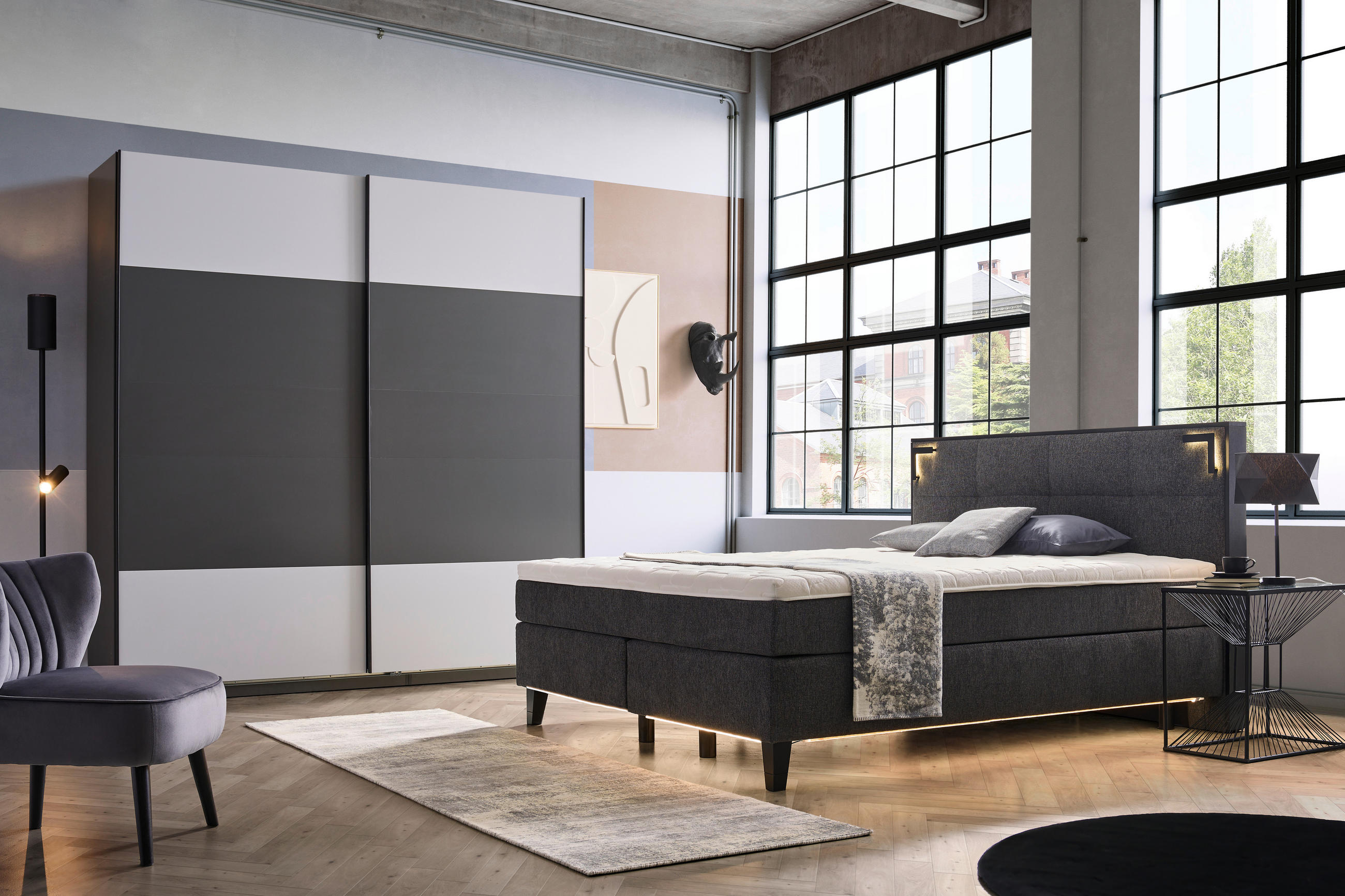 Thumbnail - Hom`in Boxspringbett, Anthrazit, Textil, Buche, massiv, H2 + H3, Höhe ca. 19 cm, 180x200 cm, gepolstertes Kopfteil, Fede...