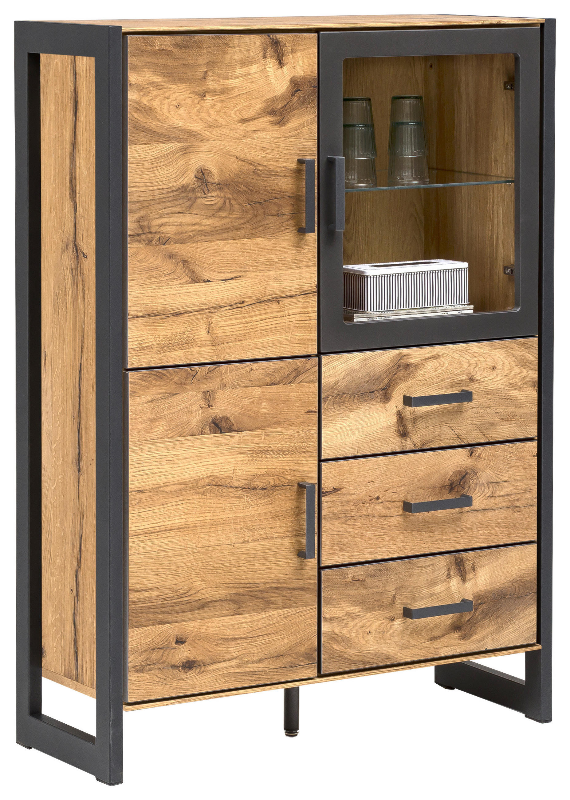 KOMMODE Eiche furniert Graphitfarben, Alteiche - Alteiche/Graphitfarben, Trend, Glas/Holz (98/141/40cm) - Carryhome