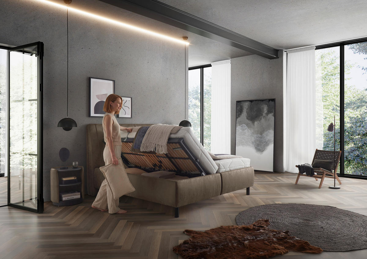 POLSTERBETT 180/200 cm,  in Graubraun, Matratze, gepolstertes Kopfteil, unterschiedliche Matratzenhärtegrade je Bettseite, H3 + H4 = fest + sehr fest  - Weiss/Graubraun, Konventionell, Holz/Holzwerkstoff (180/200cm) - Dieter Knoll