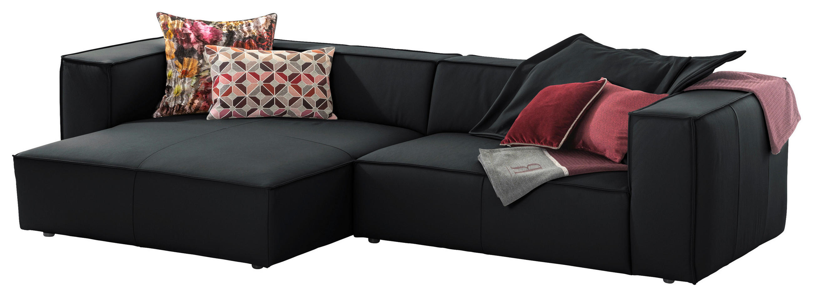 ECKSOFA around the block Schwarz Echtleder - Schwarz, MODERN, Leder/Kunststoff (164/300cm) - Chilliano