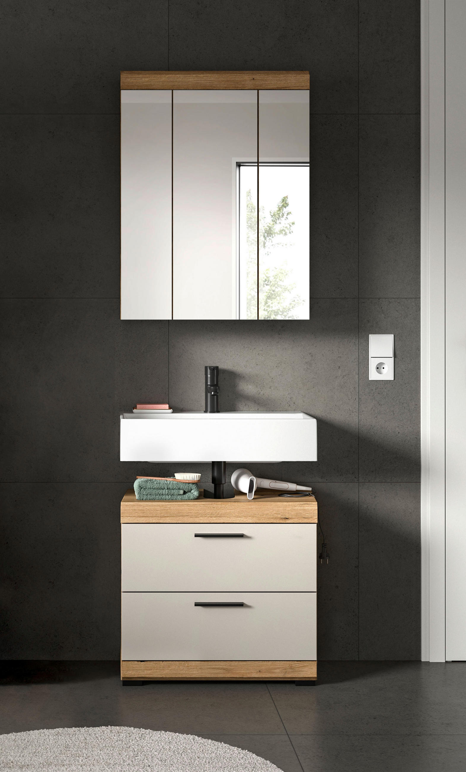 BADEZIMMER 2-teilig  in 60 cm  - Kaschmir/Schwarz, MODERN, Glas/Holzwerkstoff (60cm) - MID.YOU