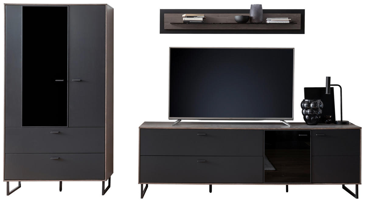 WOHNWAND  in Schwarz, Eichefarben  321/185/50 cm  - Eichefarben/Anthrazit, Design, Glas/Holz (321/185/50cm) - MID.YOU