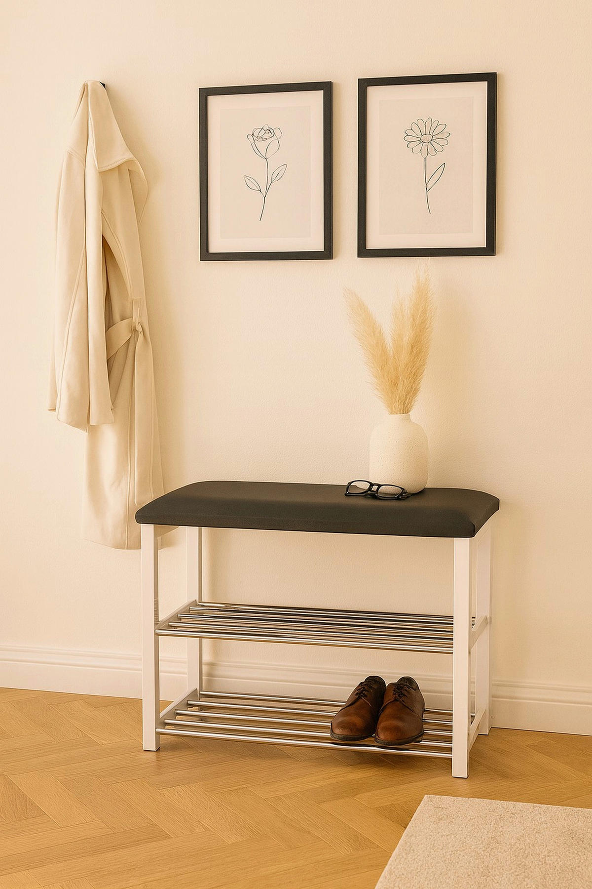 SCHUHBANK  in 57/50/30 cm  - Schwarz/Weiß, Design, Textil/Metall (57/50/30cm) - MID.YOU