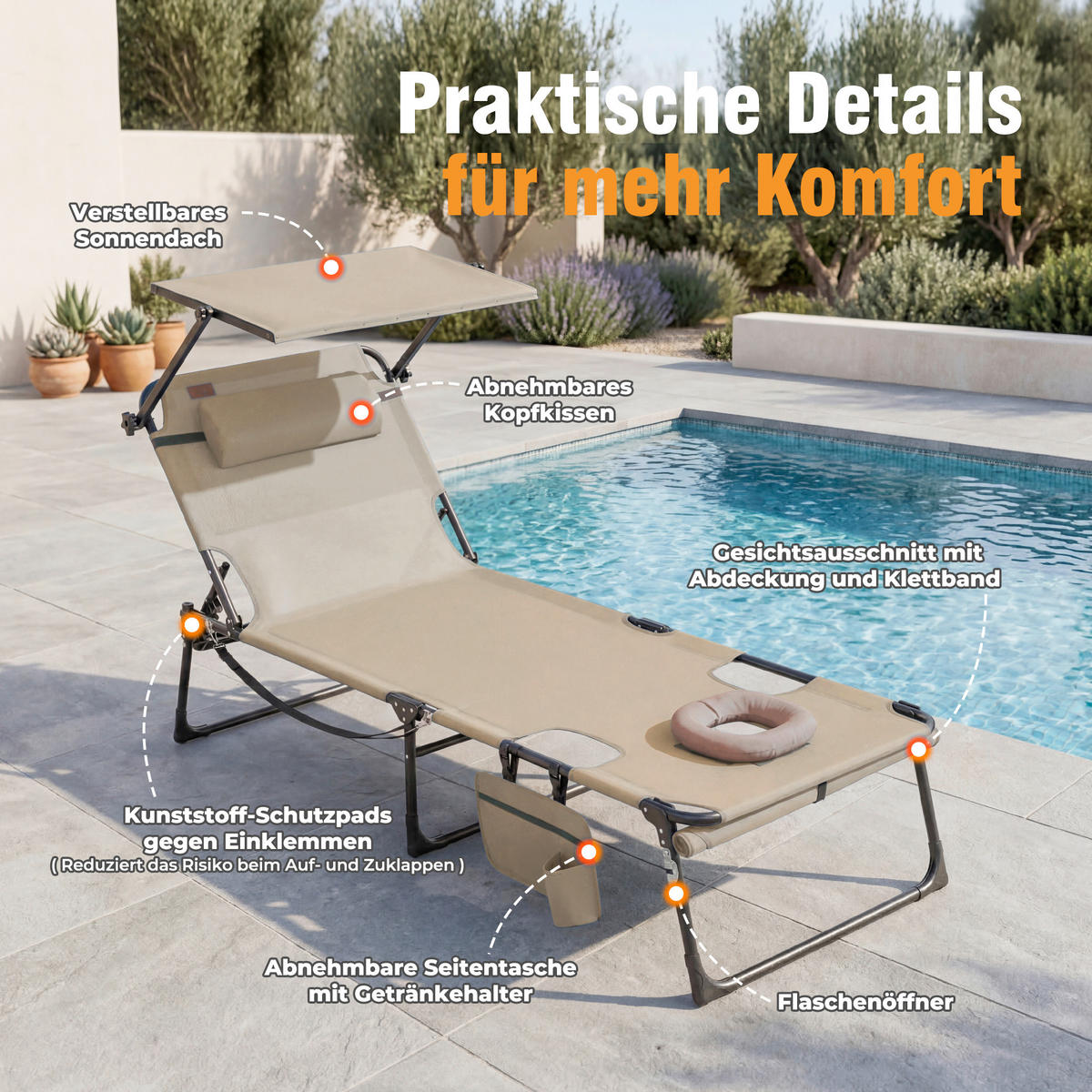 SONNENLIEGE 200/34/70 cm  - Dunkelgrau/Beige, Basics, Textil/Metall (200/34/70cm) - Modante
