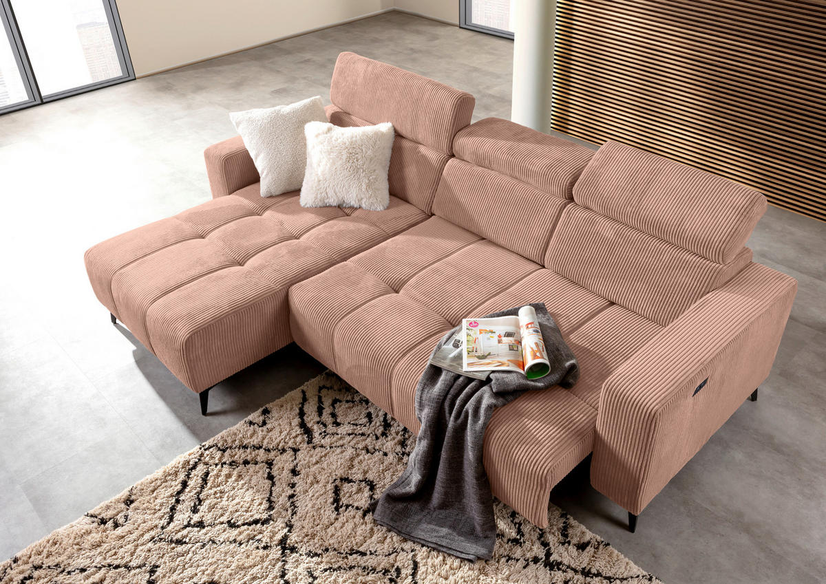 ECKSOFA Altrosa Cord Rücken echt, Kopfteilverstellung, Sitzvorzug  - Schwarz/Altrosa, KONVENTIONELL, Textil/Metall (170/257cm) - Carryhome