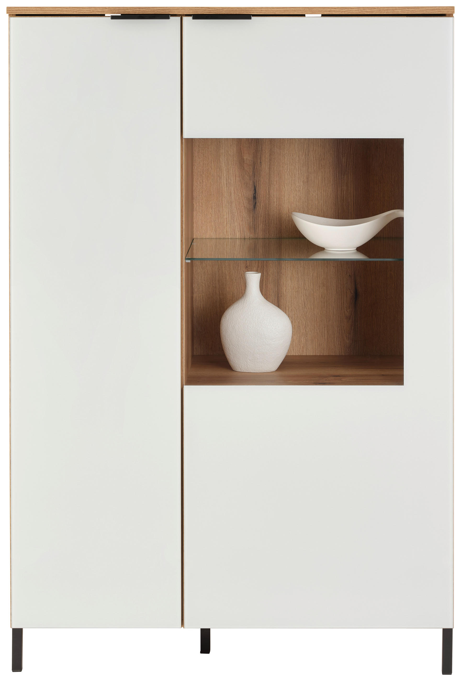 Highboard Austin 90 cm, bela, barve hrasta  - črna/barve hrasta, Trend, kovina/steklo (90/140/40cm)