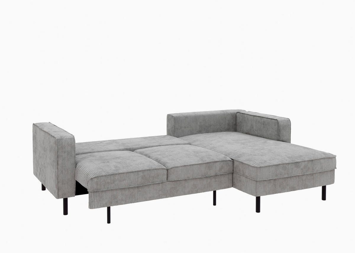 ECKSCHLAFSOFA WATKINS  mit Schlafen auf Sitzhöhe, Rücken echt, Armteil links, Armteil rechts Cord Grau  - Schwarz/Grau, MODERN, Textil/Metall (232/161cm) - Trendmanufaktur