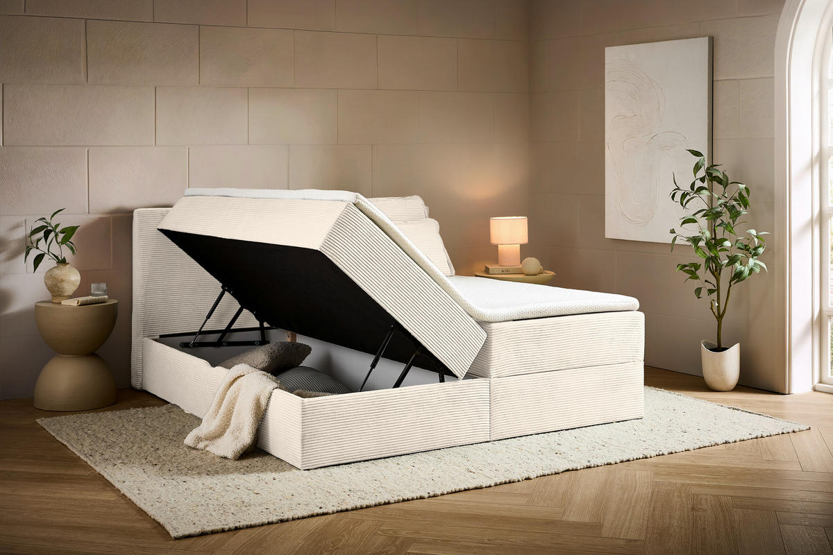 BOXBETT 180/200 cm,  in Beige, Kissen, Bettkasten, Topper, H3 + H3 = fest  - Beige/Schwarz, Design, Kunststoff/Textil (180/200cm) - Chameo